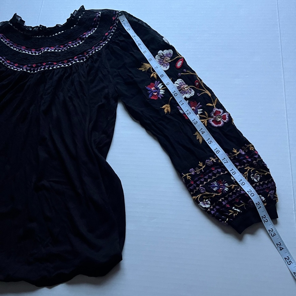 Akemi + Kin Louise Black Floral Embroidery Sheer Long Sleeve Boho Peasant Top - Picture 15 of 16